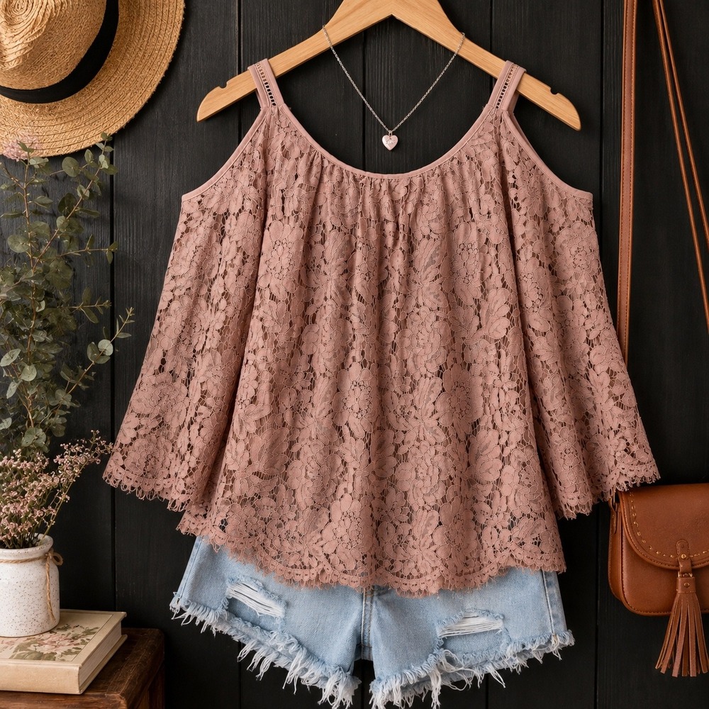 WHBM blush pink floral lace cold shoulder top small boho coquette fairy festival